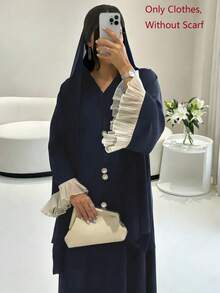 女款春夏/秋季純色保守長洋裝，V領設計，對比色荷葉邊袖口與裝飾鈕扣，休閒寬鬆版型，適合日常穿著與派對 - 藏蓝色 - 查看 1