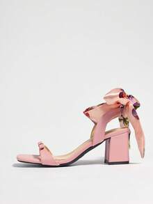 新款女士高跟鞋，适合派对、户外活动、夏季度假、宴会、音乐节、约会等场合。粗跟、方头、绑带设计，时尚甜美，缎面材质，缎带系带，高品质哑光面料，舒适优雅，粉色高跟凉鞋，淑女高跟鞋 - 粉色 - 查看 6