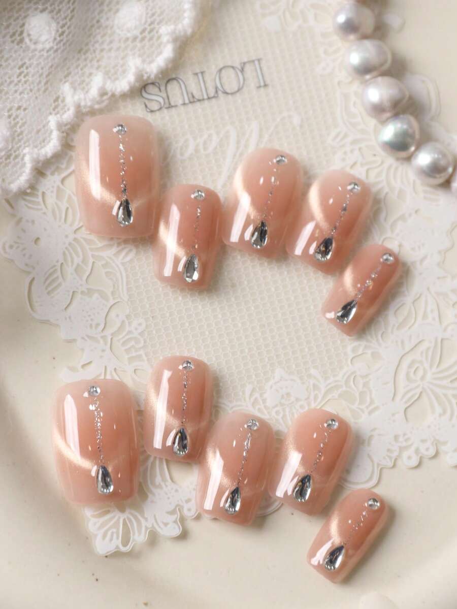 10pcs Press On Nails Golden French Cat's Eye Flash Diamond Press On Nail Supplies Fake Nails Short Office DailyWear False Nails Artificial Nails Kit Includes 1sheet Adhesive Tabs &1 Pc Mini File - Multicolor - View 1