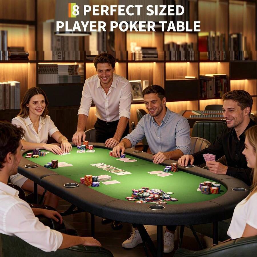Mesa de póker plegable para 8 jugadores – 180 cm portátil con tapete verde sin arrugas – Borde acolchado, soportes para vasos de acero inoxidable – Perfecta para Texas Hold'em y juegos de casino - verde - Ver 1