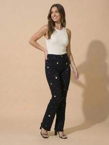 pthirillo Women's Black Flare Jeans With High-Waisted Butt-Lifting Effect And Rhinestone Detail. - 彩色水鑽和水鑽混合物 - 查看 7