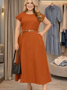Women's Evangelical Mode Dress Women's Plus Size Dress With Invisible Zipper And Brown Belt G-GG-G1-G2 - 駝色 - 查看 9