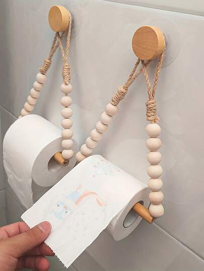 1pc No-Drill Toilet Paper Holder With Rope & Wooden Ball Design Rustic Style Wall-Mounted Bathroom Roll Paper Dispenser With Jute Cord & Beads Ideal For Farmhouse Bathroom Accessory Bathroom Decor Room Decor Home Decor