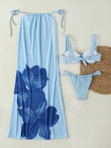 New Spring/Summer Elegant Sexy Casual 3-Piece Bikini Set For Beach Vacation Party: Underwire Bandeau Top + Ombre Print Maxi Skirt - Multicolor - View 3