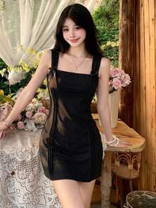 性感蝴蝶结吊带紧身迷你连衣裙，修身显瘦，夏季必备 - 黑色 - 查看 1