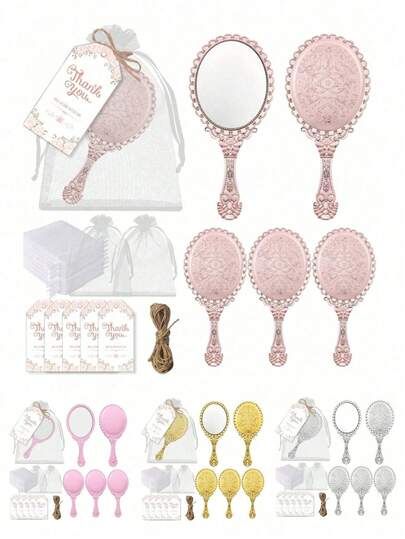 12pcs/Set Retro Handheld Mirror Embossed Mirror Set, Portable Cute Hand Mirror Princess Mirror, Small Travel Mirror Makeup Mirror With Handle, Portable Lace Handheld Mirror, Contains 3 Mirrors, 3 Gauze Bags, 3 Tags And 3 Hemp Ropes, Suitable For Princess Party Gifts, Bridal Showers, Valentine's Day Parties, Weddings, Anniversaries