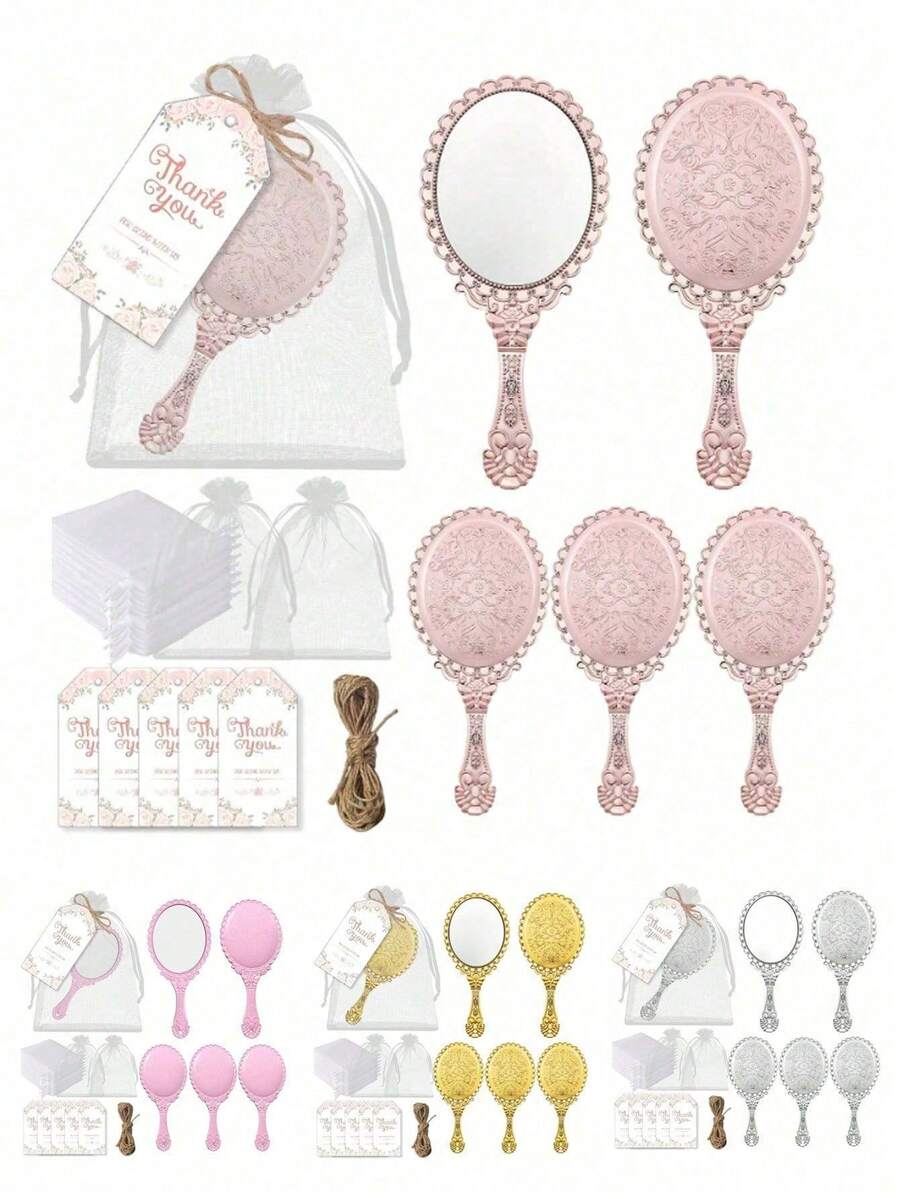 20/12 pezzi Set di specchi da mano vintage con rilievo, specchi da principessa portatili e carini, piccoli specchi da trucco da viaggio con manico, specchi da mano in pizzo, include 3 specchi, 3 sacchetti di garza, 3 etichette e 3 corde di canapa, adatti come regali per feste di principesse, addii al nubilato, feste di San Valentino, matrimoni, anniversari - Tagli Unica - Visualizzare 1