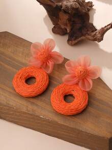 1 Pair Orange Mesh Flower Raffia Woven Round Drop Earrings, Vacation Style Bohemian Earrings - Orange - View 5