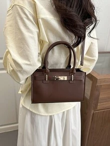 新款时尚金属装饰优雅手提包，多功能方形女士斜挎包，适合购物、装钱包，适合年轻女士、大学生、上班族，是办公室、学校、工作、商务、通勤、户外活动的理想之选。 - 棕色 - 查看 5