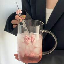 高品质可爱玻璃水杯，耐热蝴蝶结水杯，办公饮水杯，吸管杯，适用于咖啡、果汁、牛奶，带吸管、手柄和盖子，适合办公室、家庭使用，也是一份不错的礼物。 - 多色 - 查看 8