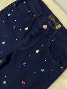 pthirillo Women's Dark Blue Flare Jeans With Butt-Lifting, High Waist, And Rhinestone Detail - Premium Rhinestone Jeans - Colorful Rhinestones and Rhinestone Mix - View 10