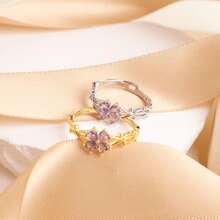 1枚时尚简约不锈钢紫色锆石四叶花戒指，百搭新款，镶嵌水钻，可调节开口设计，精致小众高端戒指 - 紫色四瓣花戒指 - 查看 2