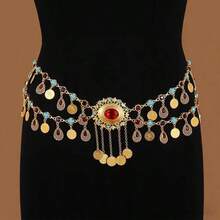 1pc Metal Bohemian Vintage Coin Waist Chain For Women, Adjustable Dress Waist Belt With Butterfly And Flower Tassels, Suitable For Daily Wear, Vacation, And Travel - X514-22橢圓五顆流蘇金色 - 查看 12