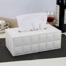 Large Rectangular White Grid Pattern Paper Towel Box, Black Bottom PU Leather Tissue Holder - White - View 5