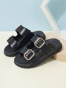 Kids One-Strap Open Toe Flat Sandals With Metal Buckle, Boys Fashion Slippers - Black - View 5