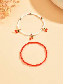 2件套可爱彩色串珠脚链，配甜美樱桃吊坠，手工制作，适合海滩度假和日常佩戴 - 彩色 - 查看 2