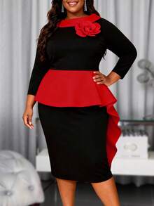 Elegant Black & Red Ruffle Trim Fitted Dress, Suitable For Formal Occasions Such As Sunday Funeral Spring - Red - View 2