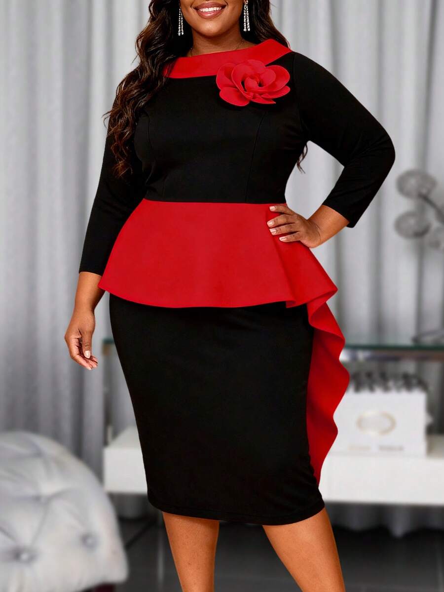 Elegant Black & Red Ruffle Trim Fitted Dress, Suitable For Formal Occasions Such As Sunday Funeral Spring