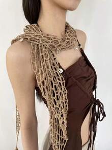 1PC Wasteland-Style Hand-Crocheted Scarf Bohemian-Chic Fishnet Shell Beach Shawl Triangular Multifunctional Headscarf Music Festival Bikini Cover-Up Summer Beach Vacation Accessories - Brown - View 4