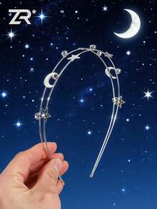 1件银色五角星月亮图案铁艺发箍，优雅时尚女士发饰 - 銀色 - 查看 5