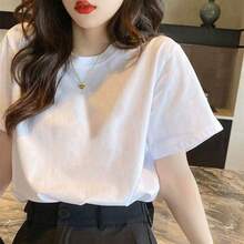 Camiseta de manga corta de algodón puro para mujer, talla grande, nuevo estilo de verano, holgada y estilizadora, blusa blanca, camiseta básica, de moda en . - Camisa de manga corta 100 % algodón - Blanca - Ver 12