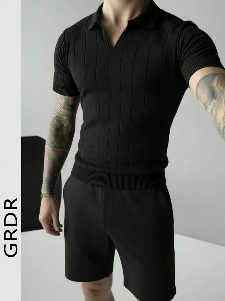 GRDR 男士夏季纯色针织短袖短裤套装，休闲百搭 - 黑色 - 查看 1