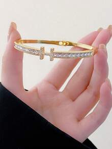 1pc 18K Gold Plated Hollow H-Shape Bracelet, Fashionable & Versatile Electroplated Jewelry Accessory - Multicolor - View 3