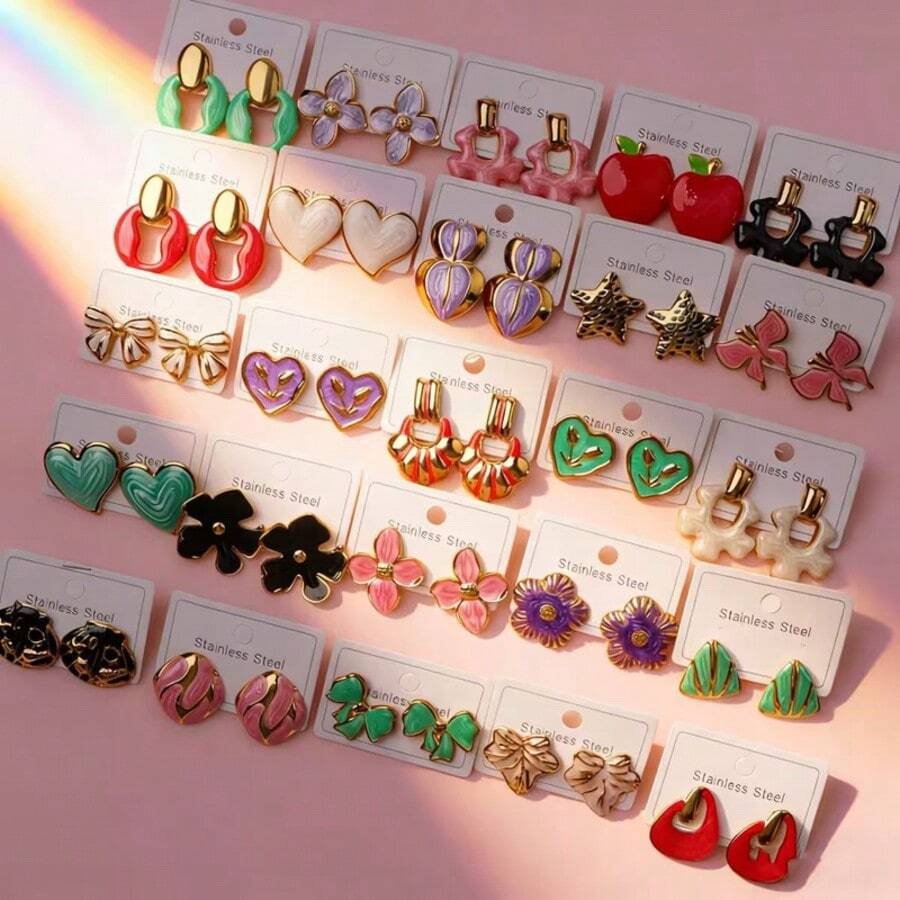 4PCS/14PCS/28PCS The Fashionable Bohemian Style Earrings With Asymmetrical Design Featuring Elegant Flower Patterns, The Fresh And Colorful Sweet Earrings Set, Are Suitable As Jewelry Gifts For Daily Wear, Weddings, Parties And Vacations. Give Them To Your Good Friends! - Multicolor - View 1