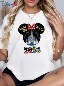 Disney Camiseta de algodón de cuello redondo con mangas sueltas de largo regular y estampado de Minnie Mouse para mujer - Blanco - Ver 1