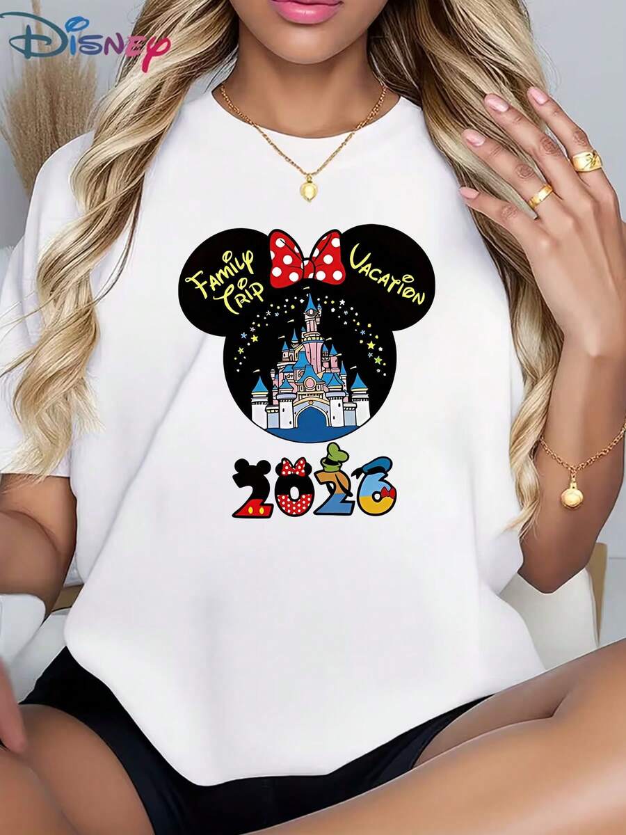 Disney Camiseta de algodón de cuello redondo con mangas sueltas de largo regular y estampado de Minnie Mouse para mujer - Blanco - Ver 1