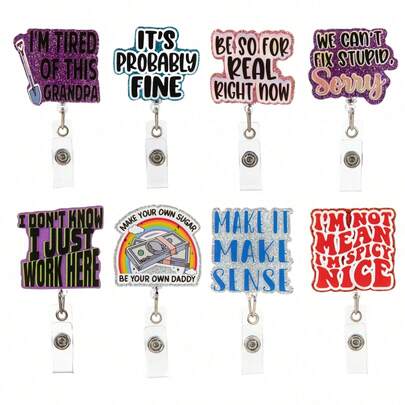 TONAVIETO 1pc Funny Text Badge Reel, Retractable, Cute Badge Holder With Rotating Alligator Clip, Suitable For Nurses, Teachers, Office Workers, Also Applicable For School Supplies And Back To School Season