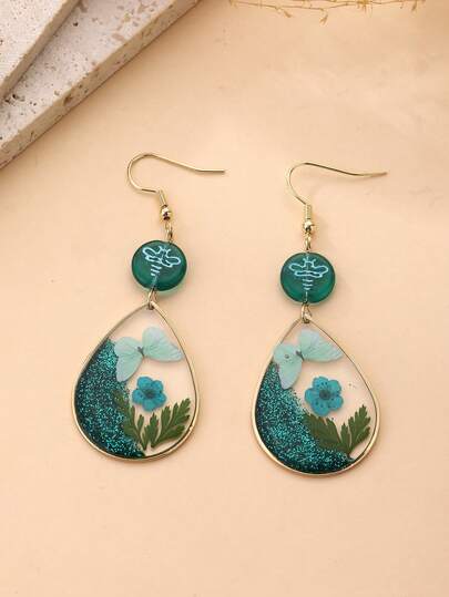 1 Pair Handmade Natural Dried Flower Water Drop Pendant Earrings For Girl, Naturalistic, Textured, Refined, Versatile For Seasons, Suitable For Travel, Vacation, Party, Afternoon Tea, Music Festival And Daily Wear