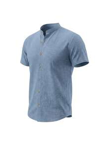 Men's Short-Sleeved Shirt With Mandarin Collar, Dunas Fabric - Shirt For Summer 2026 - Cool Shirt - Beachwear - 霧霾藍 - 查看 1