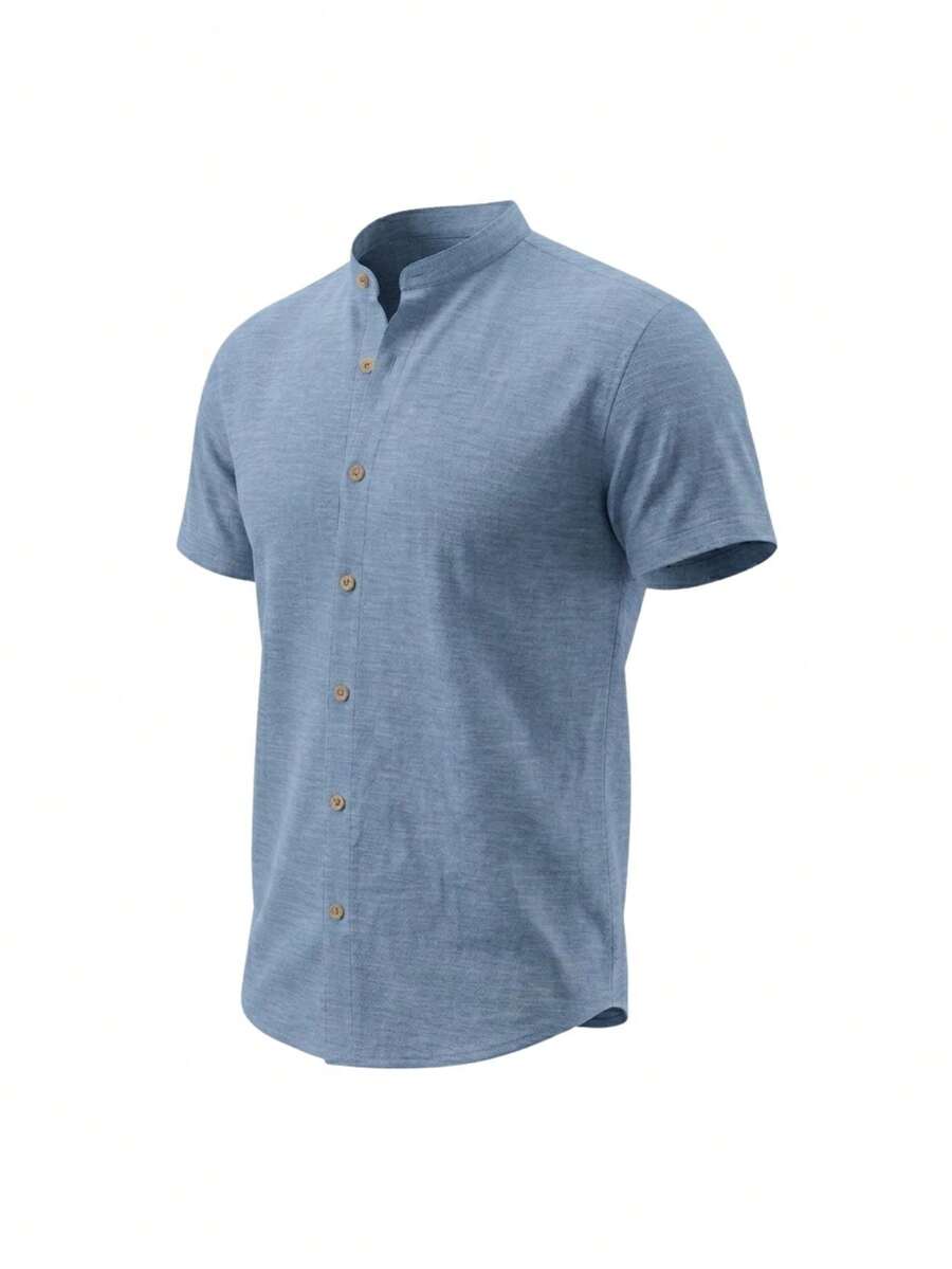 Men's Short-Sleeved Shirt With Mandarin Collar, Dunas Fabric - Shirt For Summer 2026 - Cool Shirt - Beachwear - 霧霾藍 - 查看 1