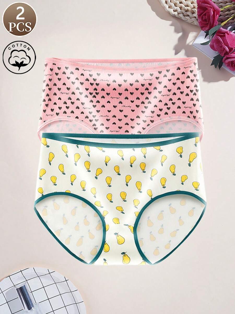 2pcs/Set Fruit Heart Print Women's Seamless Soft Comfortable Mid-Rise Panties - Multicolor - View 1