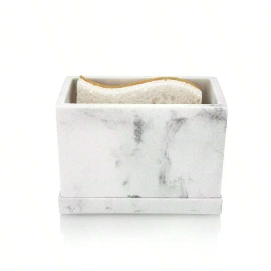 Essentra e Soporte para Esponja de Cocina en Mármol Blanco Moderno Porta Esponja de Cocina con Bandeja de Drenaje. - Marmol Blanco - Ver 1