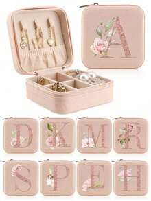 1 pieza Joyero para mujeres Organizador de joyas Exhibición Iniciales de A a Z Patrón de flor de rosa Viaje Gran capacidad Estuche de joyas Múltiples compartimentos Cajas de clasificación Caja de joyas de lujo de piel sintética PU Multifuncional Mini tapa abatible Estuche de almacenamiento Regalo para mujeres Caja de almacenamiento para mamá - Rosa - Ver 3