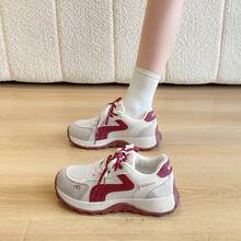 Women's Thick Sole Casual Sneakers, Breathable Mesh Retro Gump Shoes, Anti-Slip Durable Lace-Up Chunky Sneakers - Red - View 5