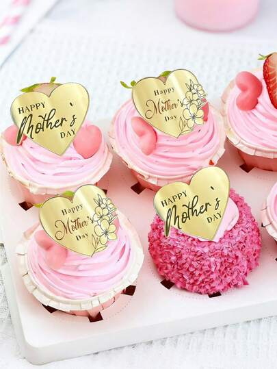 6个母亲节甜点装饰心形纸杯蛋糕插牌，金色，适用于母亲节生日蛋糕装饰、母亲节派对用品