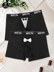 2条装男士黑色简约时尚日常三角裤，性感蝴蝶结印花弹力腰带内裤 - 黑色 - 查看 4