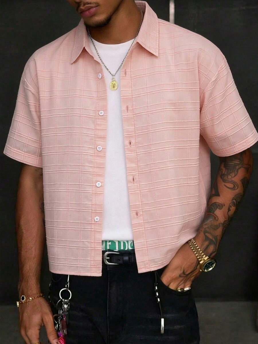 男士休闲街头风短袖纽扣衬衫 - 粉色 - 查看 1