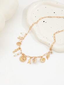 1 pieza Collar con colgante de concha de sol esmaltada, perla de concha, estrella de mar asimétrica, estilo bohemio de playa - Dorado - Ver 2