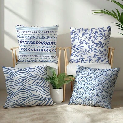 4pcs Simple Daily Blue Geometric Leaf Pattern Cushion Cover Set, Single-Sided Printed Peach Velvet Material, 45*45CM/18*18inch Pillow Case For Modern Fabric Sofa Indoor Decor, Party Decoration, Gift