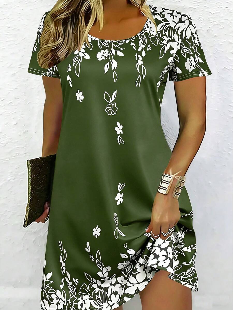 Plus Size Women's Casual Loose Leaf Print Short Sleeve Round Neck Dress, Spring/Summer Elegant Vacation - Army Green - View 1