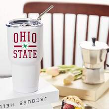 30oz Stainless Steel Tumbler Black White Options,  Ohio State Logo With Red And White Stripes Graphic Cups, Insulated Travel Coffee Mug With Lid And Straw , Double Wall Vacuum Reusable Travel Cups, Funny Birthday Party Gift For Women & Men - trắng - Xem 2