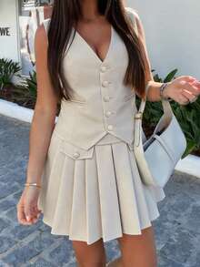 PoPoHouse Women's Elegant Two Pieces Set V-Neck Slim Fit Vest & Pleated Skirt Siut For Summer Vacation, Casual Daily Commutic Office Party Holiday Outfits - Apricot - View 5