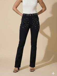 pthirillo Women's Black Flare Jeans With High-Waisted Butt-Lifting Effect And Rhinestone Detail. - 水鑽和串珠混合腰帶 - 查看 9