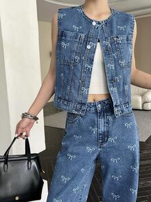 女士甜美蝴蝶结印花牛仔背心，韩版 - 中等水洗藍 - 查看 5