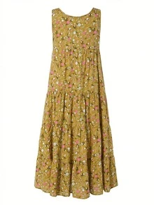 Vestido casual y elegante de verano sin mangas con estampado floral para mujer de talla grande - Amarillo Mostaza - Ver 2