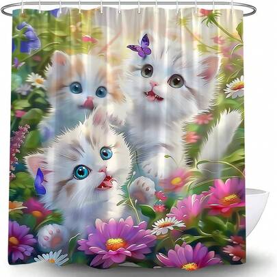 1件趣味猫咪图案浴帘，水彩花朵蝴蝶可爱猫咪动物绿叶植物，适用于浴室浴缸隔断、浴室配件、浴室浴帘装饰